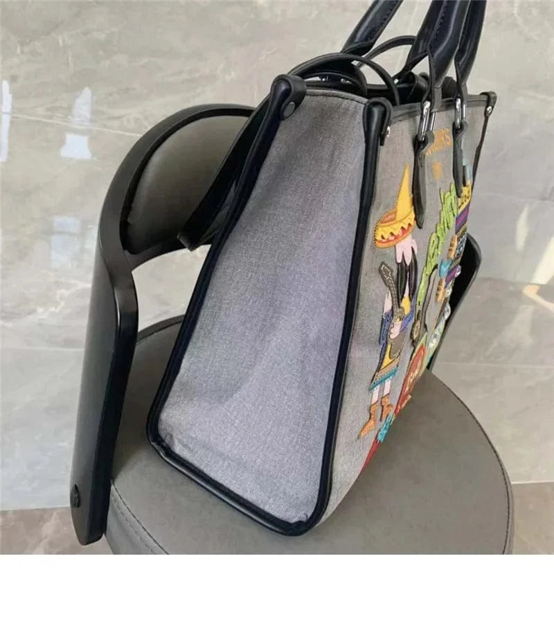 Gray Top Workmanship Floral Embroidery Fashion Shoulder Handbag Lady Canvas Totes