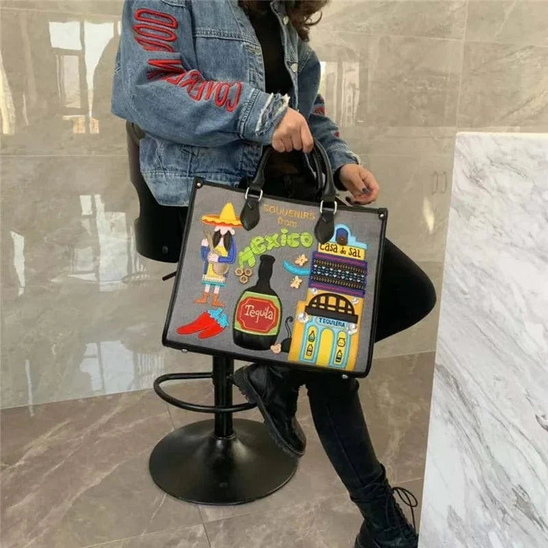 Gray Top Workmanship Floral Embroidery Fashion Shoulder Handbag Lady Canvas Totes