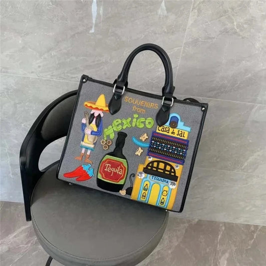 Gray Top Workmanship Floral Embroidery Fashion Shoulder Handbag Lady Canvas Totes