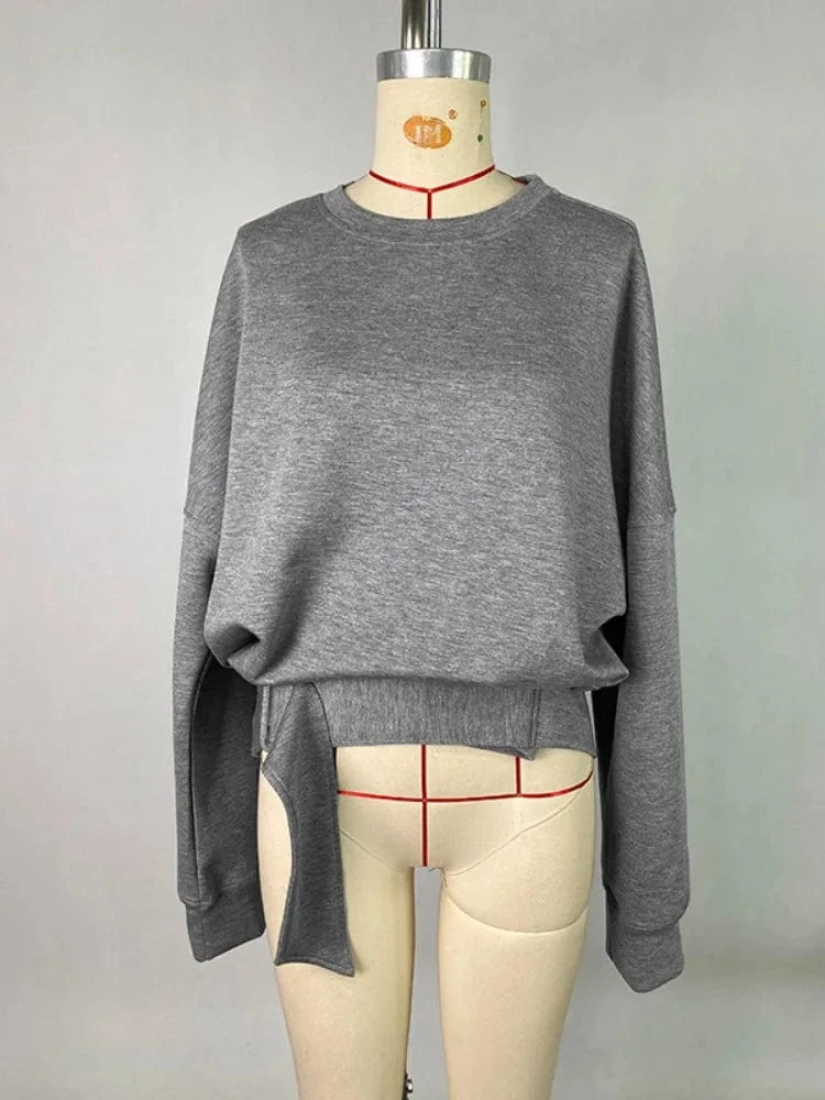 Gray Tops / XXL Beautyblue Fall Women's Sweatshirts Tops Female Hoodies 2025 Casual Belt Buckle Solid Color O-Neck Ladies Pullovers Clothing
