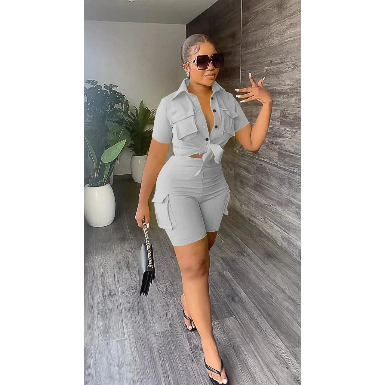 GRAY / XXL Autumn Streetwear Casual 2 Two Pieces Sets Women Outfit 2023 Long Sleeve Buttons Crop Tops Black Pink White Pockets Shorts Suits
