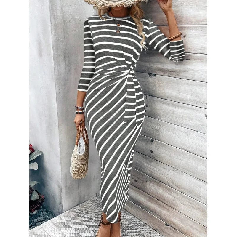 GRAY / XXL Europe and the United States cross-border foreign trade women's 2024 new print striped round neck cover fashion lace-up dress