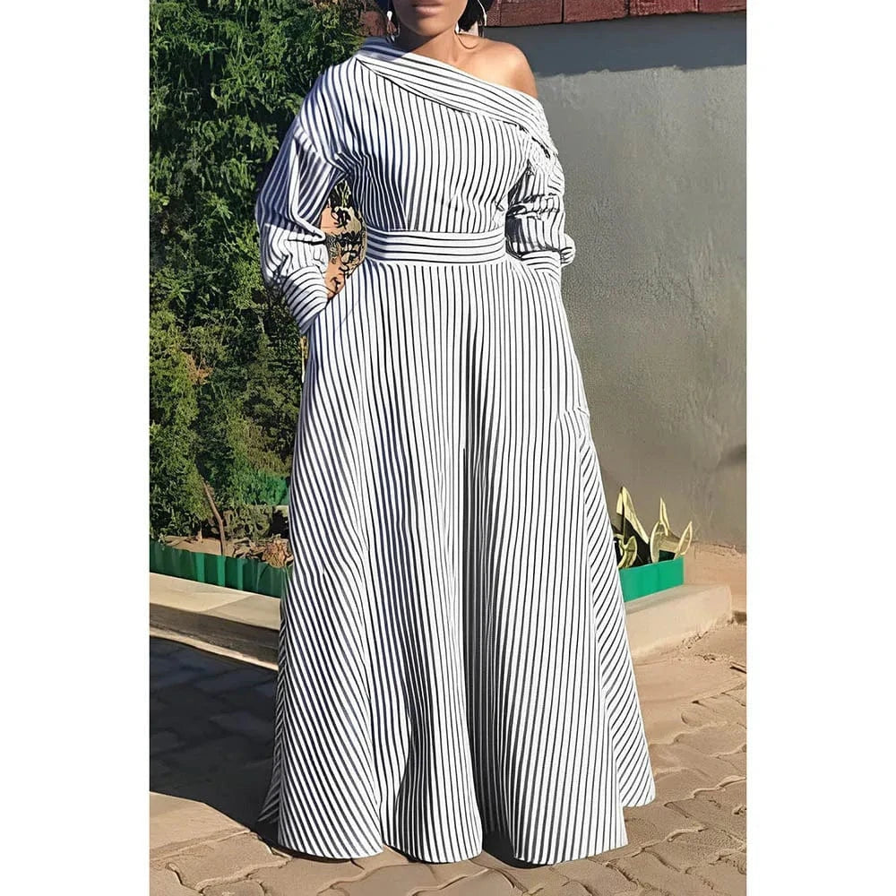 GRAY / XXL Plus Size White Casual Dress Ash Stripe Oblique Collar One Shoulder Maxi Dress With Pocket