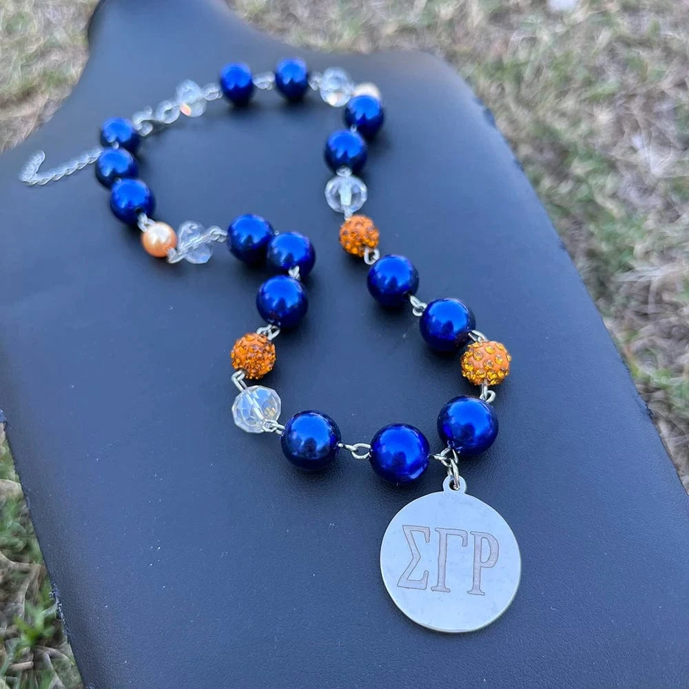 Greek Logo Sorority Sigma Gamma Rho yellow blue pearl SGR Stainless Steel Necklace Bracelet Earrings Set