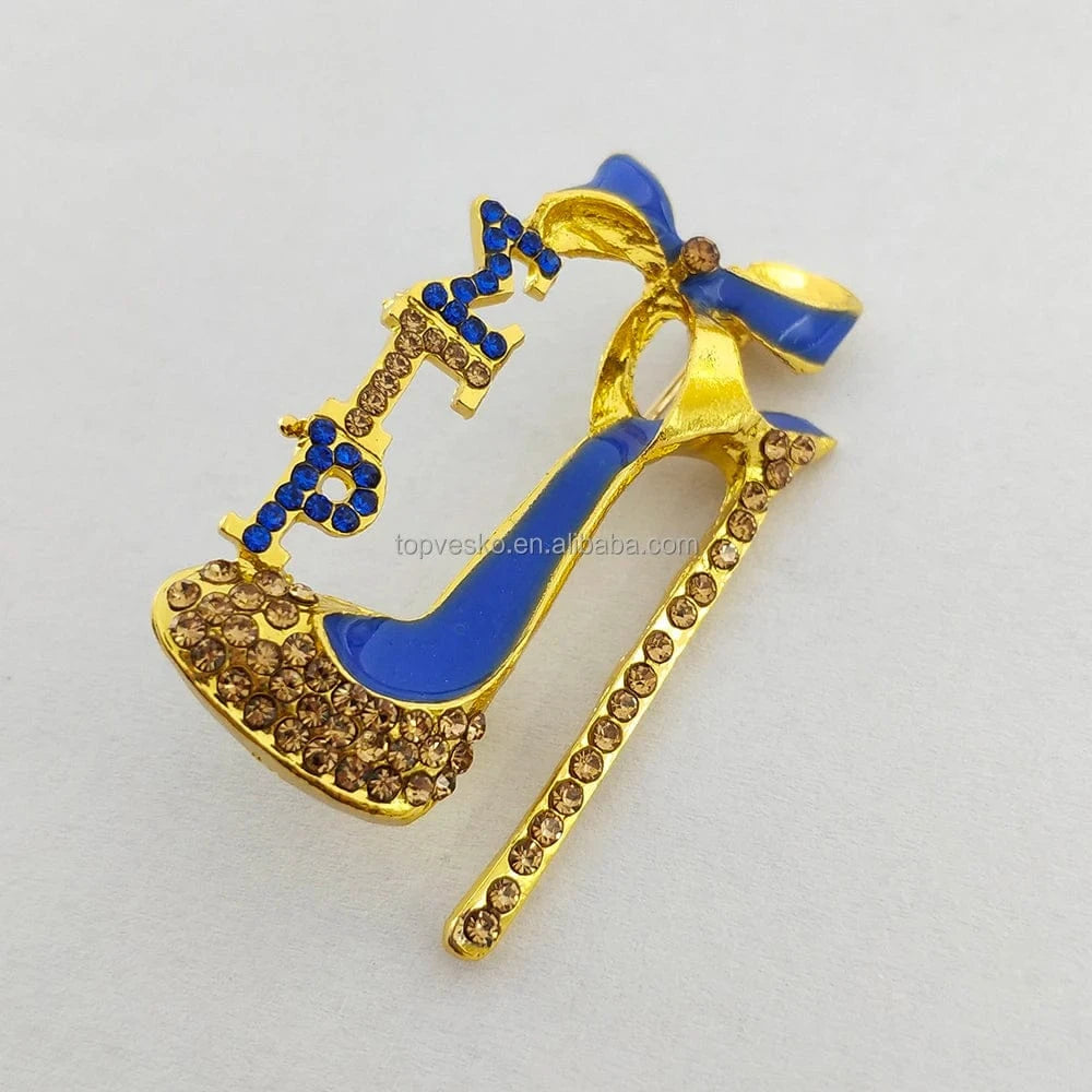 Greek Sorority Letter SGR Brooches Yellow and Blue Rhinestone Pearl High Heel Shoes Women Brooch Pin Fashion Jewelry Gift