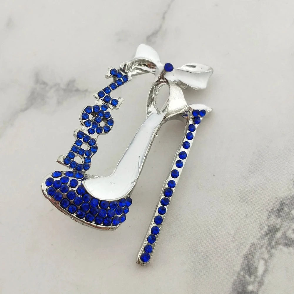 Greek Sorority Letter SGR Brooches Yellow and Blue Rhinestone Pearl High Heel Shoes Women Brooch Pin Fashion Jewelry Gift