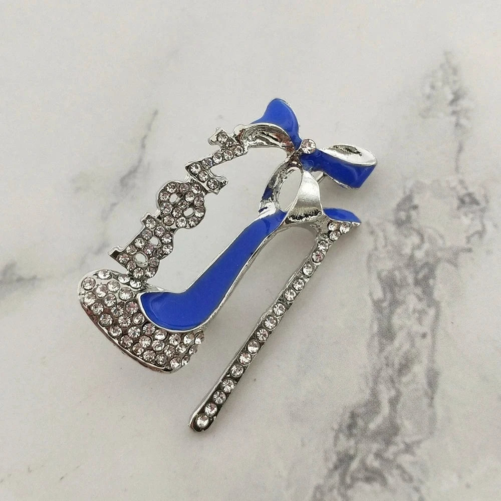 Greek Sorority Letter SGR Brooches Yellow and Blue Rhinestone Pearl High Heel Shoes Women Brooch Pin Fashion Jewelry Gift