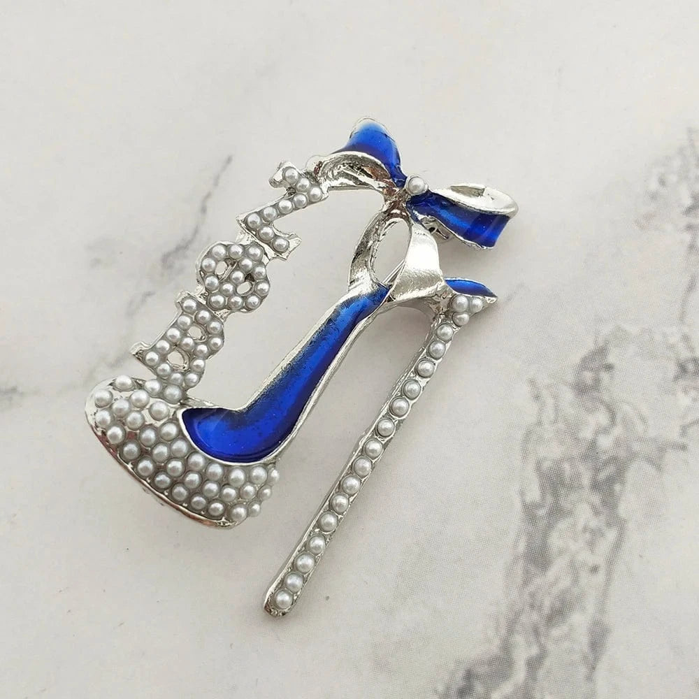 Greek Sorority Letter SGR Brooches Yellow and Blue Rhinestone Pearl High Heel Shoes Women Brooch Pin Fashion Jewelry Gift