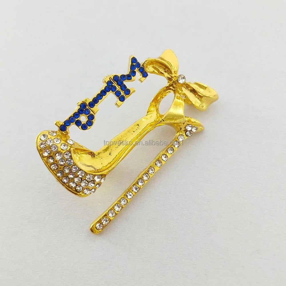 Greek Sorority Letter SGR Brooches Yellow and Blue Rhinestone Pearl High Heel Shoes Women Brooch Pin Fashion Jewelry Gift