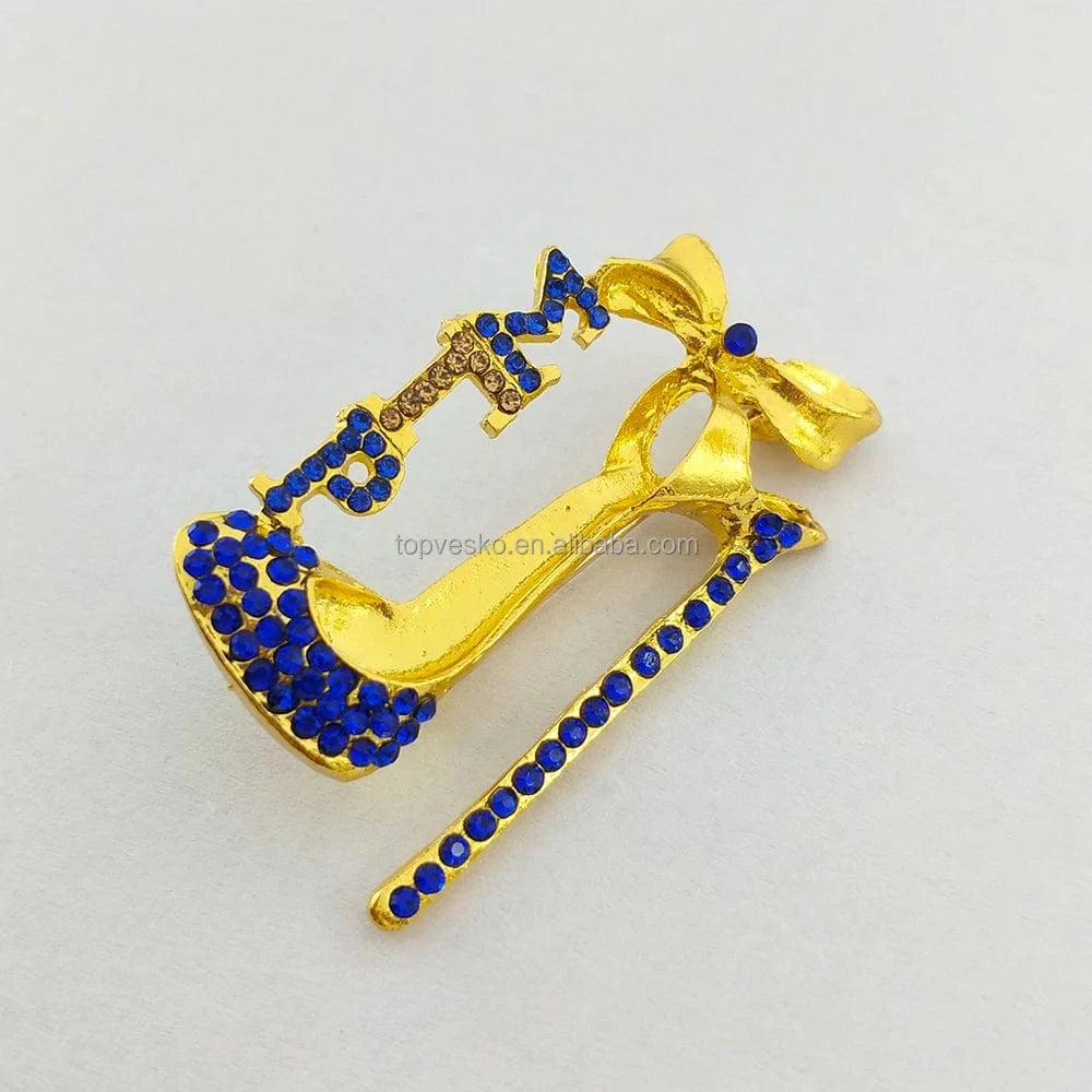Greek Sorority Letter SGR Brooches Yellow and Blue Rhinestone Pearl High Heel Shoes Women Brooch Pin Fashion Jewelry Gift