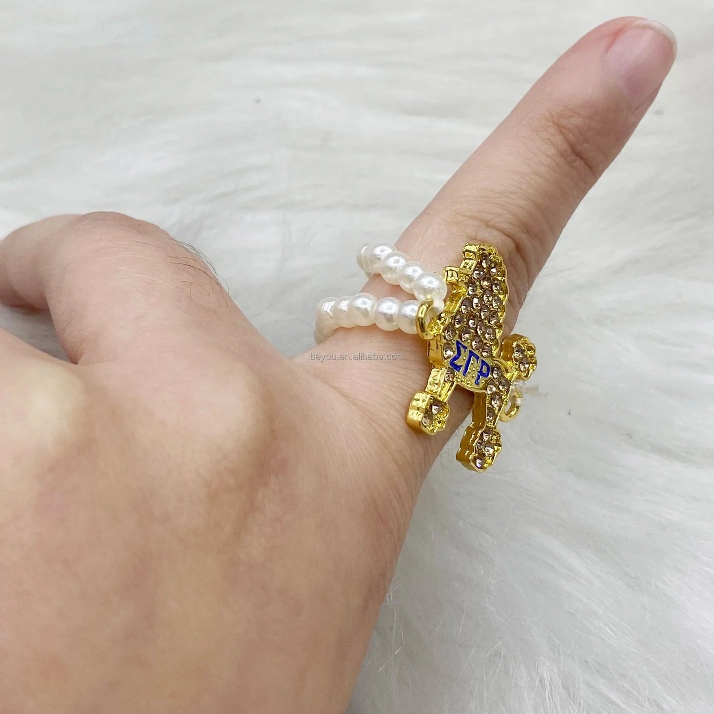 Greek Sorority Sigma Gamma Rho Double Pearl Chain Elastic Poodle Ring Jewelry