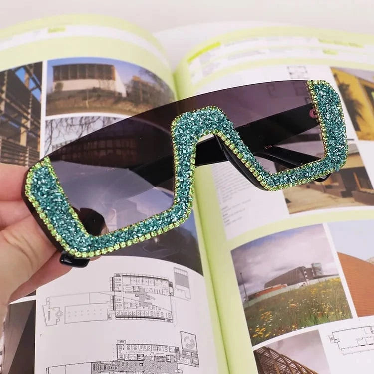 Green-2 2024 New Arrivals Bling Studded High Quality Glitter Luxury Designer Sun Glasses Shades Rhinestone Square Sunglasses For Woman