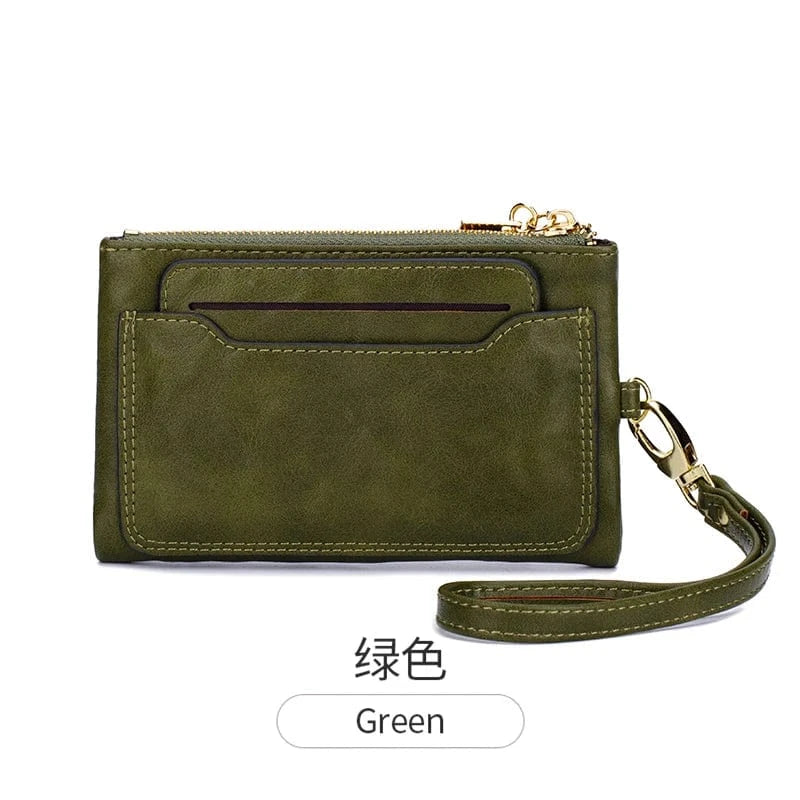 Green 2024 New Women's Wallet Medium Retro Style Zipper Folding Multi Card Large Capacity Handbag Wallet Clip Wrist Strap