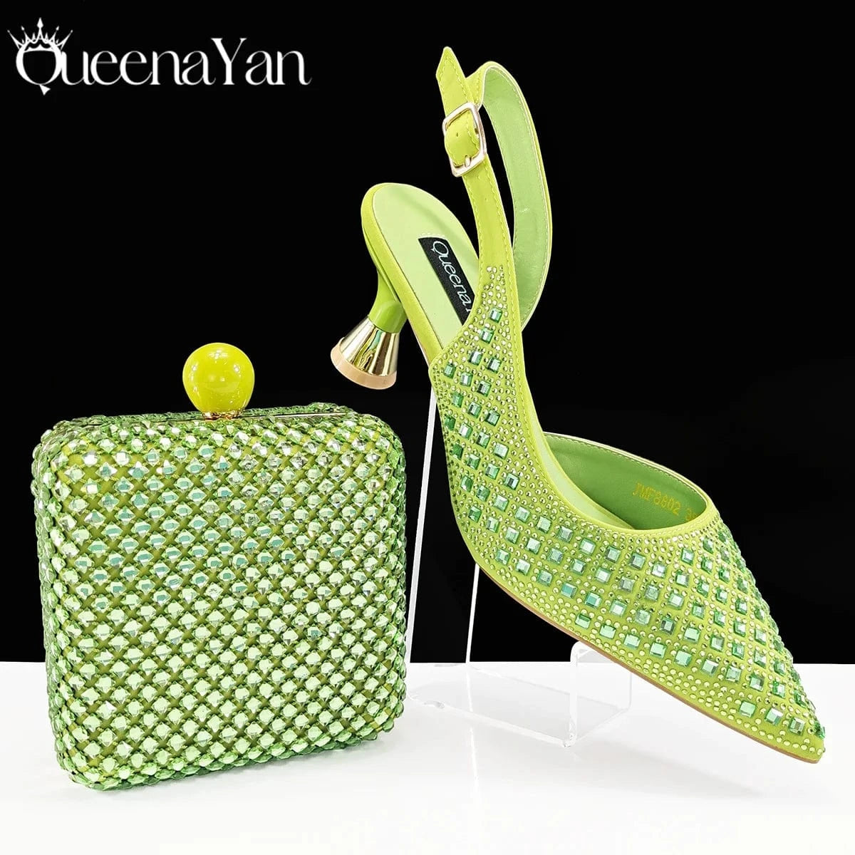 Green / 38 / CHINA Queena Yan Italian Design Rhinestone Luxury Green Colour Pointed Toe Shoe & Bag Set Women's High Heels for Parties High Quality