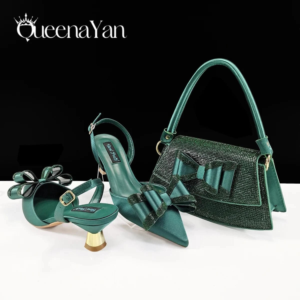 Green / 38 / CHINA Queena Yan latest Italian women's shoes and accessories bag rhinestone butterfly decoration elegant pointed toe wedding bridal