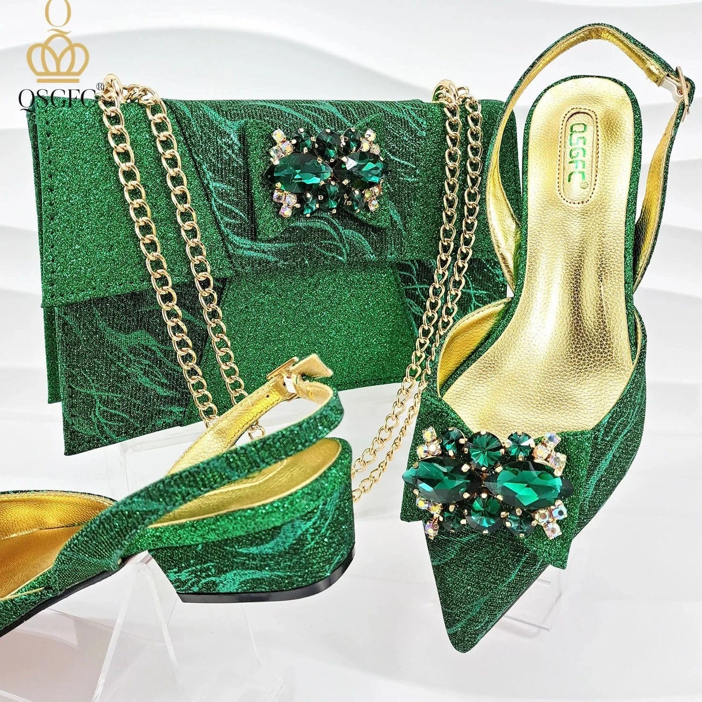 GREEN / 40 Italian Design Elegant Evening Shoes And Bag Set African Crystal Comfortable Shoes And Capacity Bag Commuter Women's Shoes