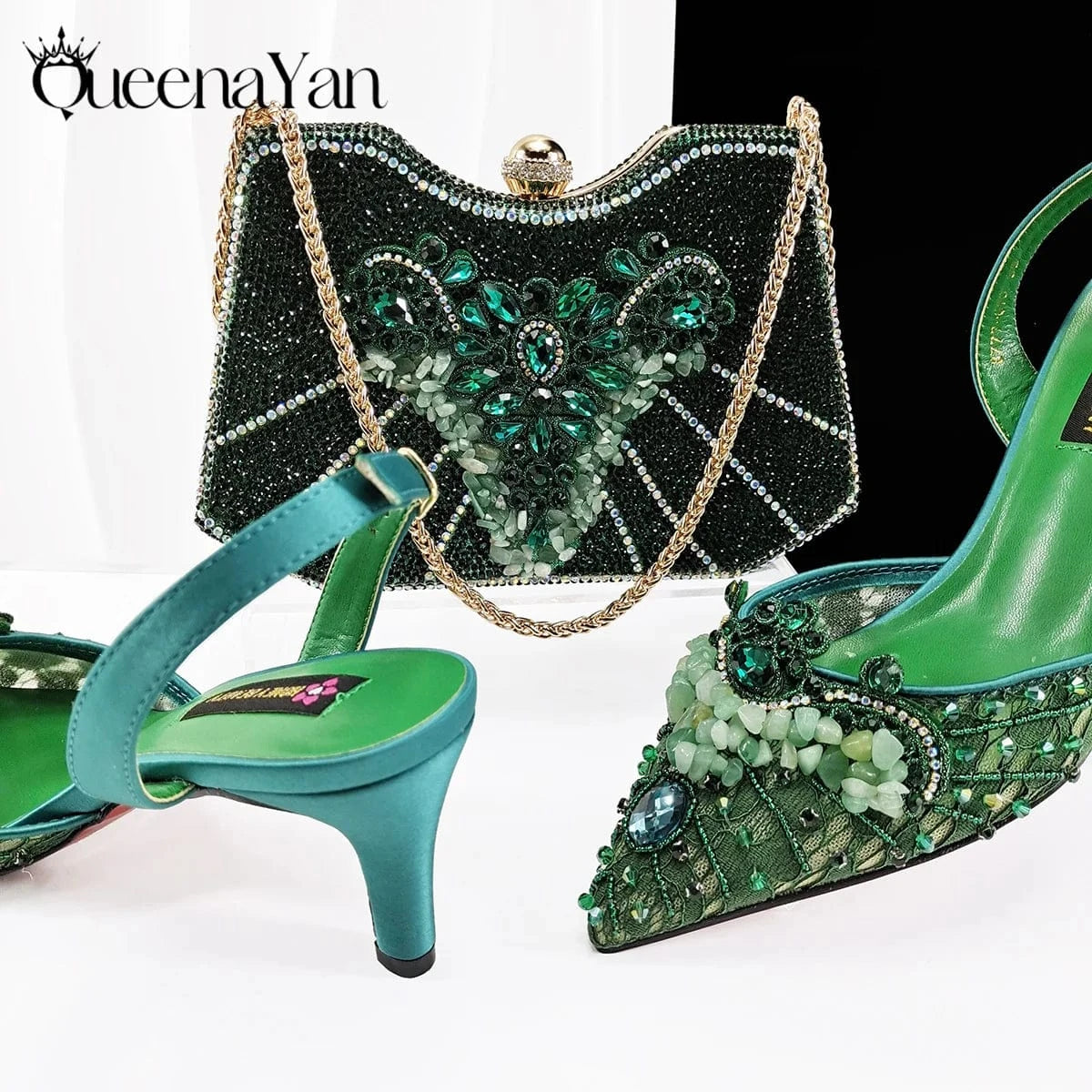 Green / 41 / CHINA Queena Yan Women High Heel Party For Purple Color Shoes and Bag Set Rhinestone Handbag Italian Design Wedding INS 2025