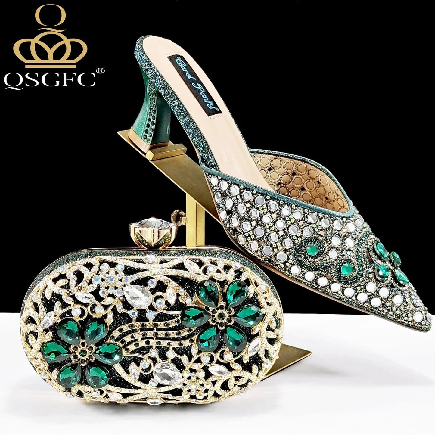 GREEN / 43 / CHINA QSGFC New Design Specials Italian Women Heels Shoes and Bag in Pink Color Comfortable Heels With Rhinestone for Part