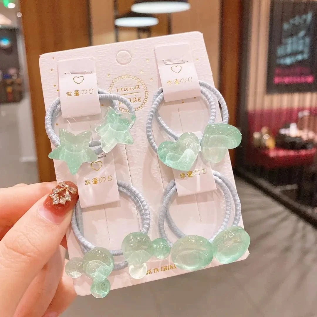 Green 8-piece set Children's Small Rubber Band Cute Princess Tiara Hair Rope Simple Tie Ring Colored Hair Rope