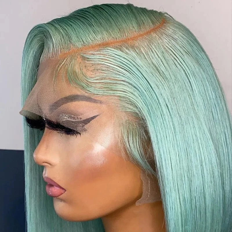Green Blue Color Short Bob Cuticle Aligned Virgin Human Hair Transparent Lace Front Wigs