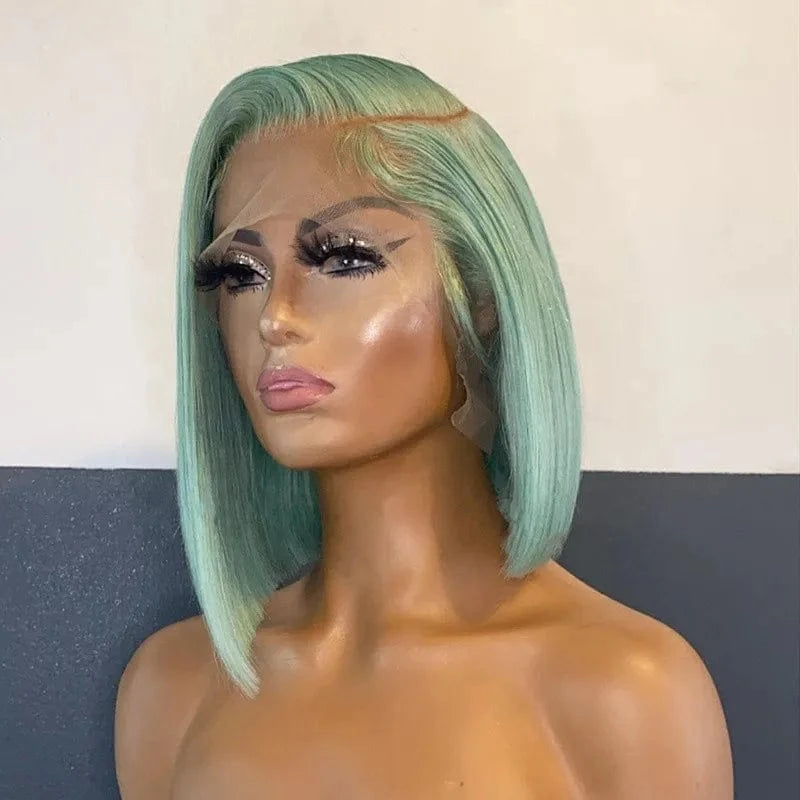 Green Blue Color Short Bob Cuticle Aligned Virgin Human Hair Transparent Lace Front Wigs
