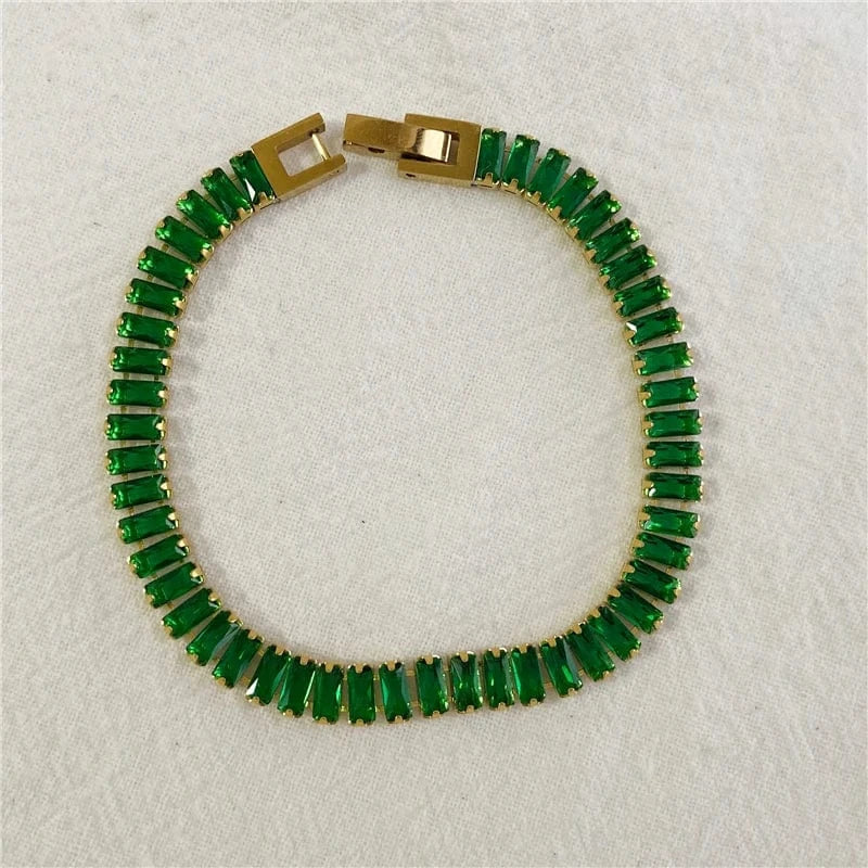 green bracelet 17cm Luxury Non Tarnish & Waterproof Shiny Baguette Tennis 18K Gold Plated Statement Zirconia Stainless Steel crystal Jewelry
