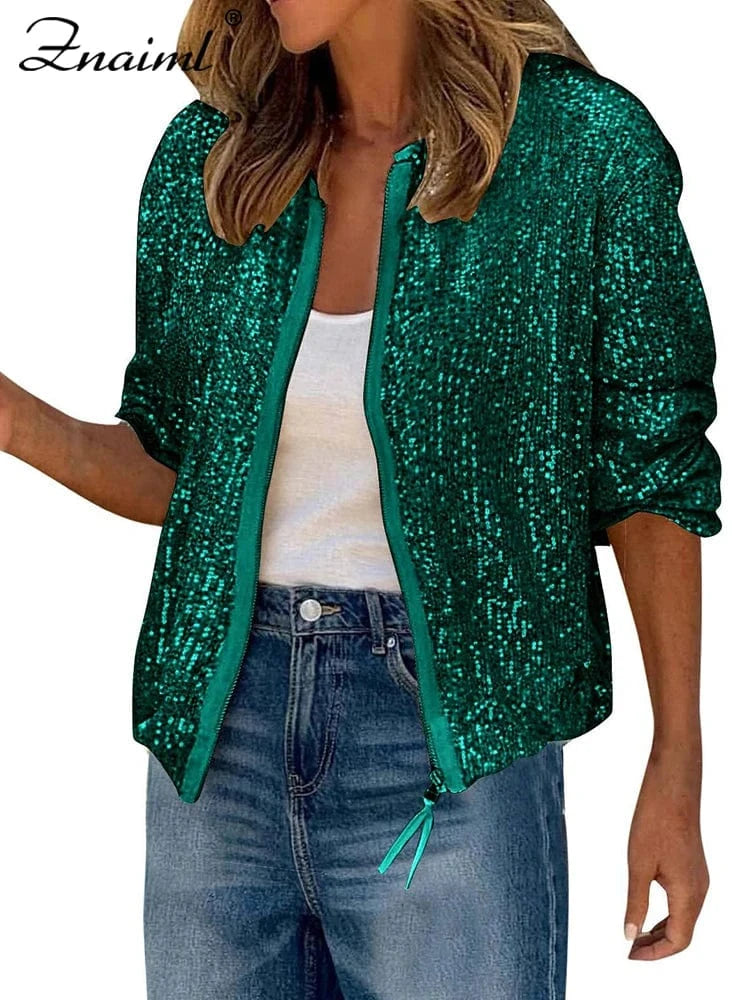 green coats / M Znaiml Women Luxury Sequin Jacket Y2k Harajuku Green Color Zipper Long Sleeve Short Coat Autumn Winter Ladies Night Clubwear New