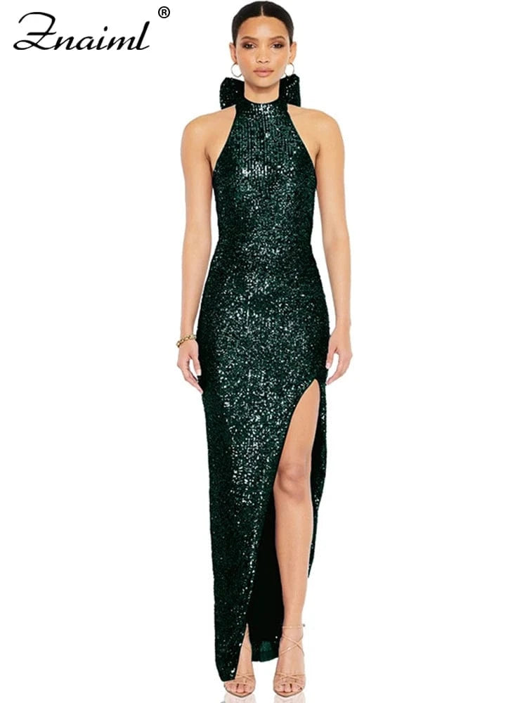 green dress / S Znaiml Elegant Luxury Sequin Halter Big Bow Backless Long Dresses Women Sleeveless High Split Birthday Evening Wedding Vestidos