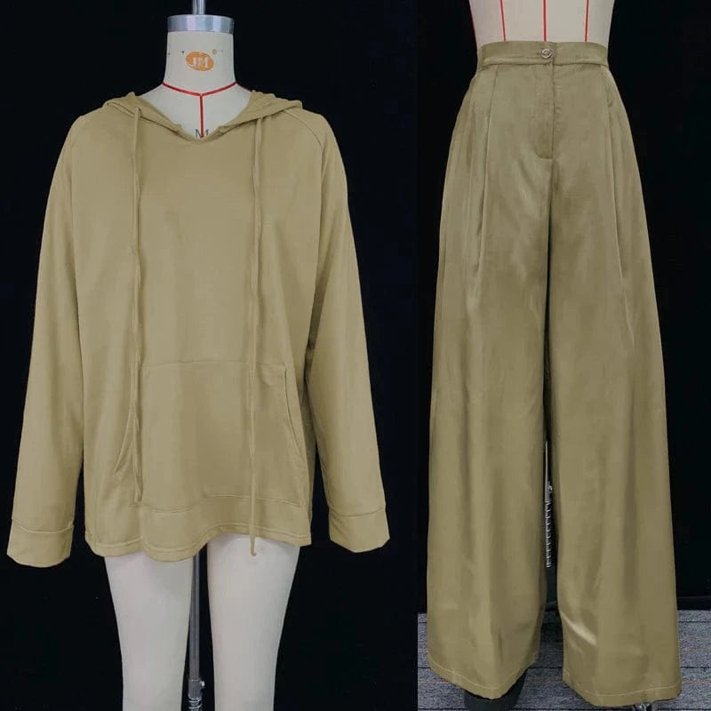 GREEN / L 2025 Autumn Fashion Suit for Women Drawstring Hooded Sweatshirt and High Waist Wide Leg Pants Casual Pant Sets