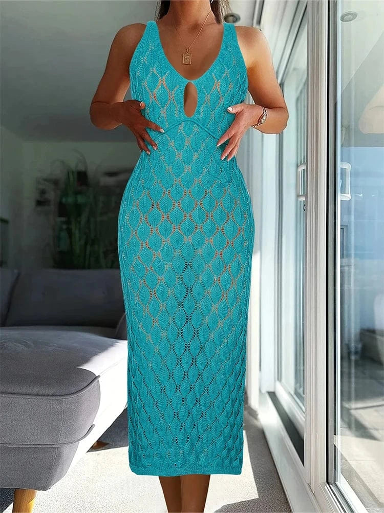 Green / L Solid colour sleeveless knitted dress Split neckline Bow tie decorative tassels Holiday style Seaside Slim knitted cover-up