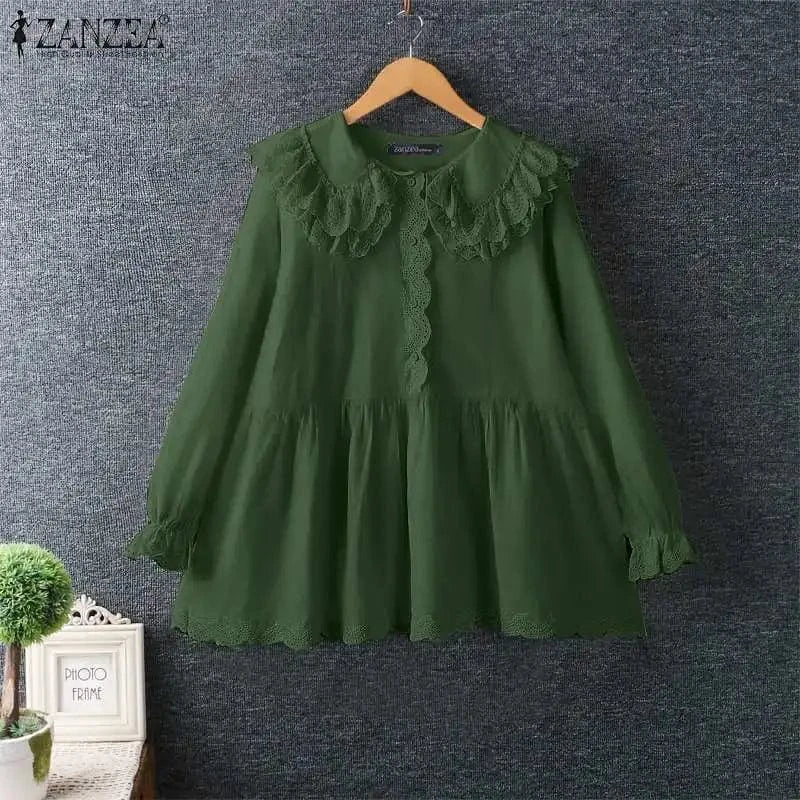 green / L ZANZEA Women Shirts Sweety Doll Collar Tunics Leisure Long Flare Sleeve Button Tops Holiday Lace Crochet Patchwork Solid Blouse