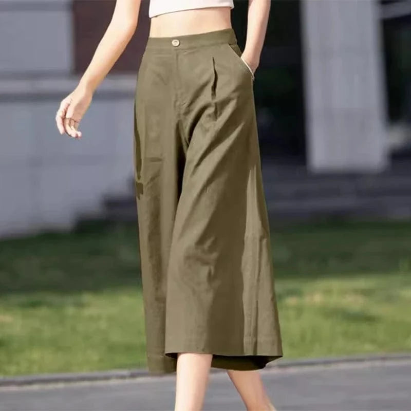 green / L ZANZEA Women Straight Long Pants Korean High Waist Pantalons Casual Loose Wide Leg Cropped Trousers 2024 Summer Holiday Bottoms