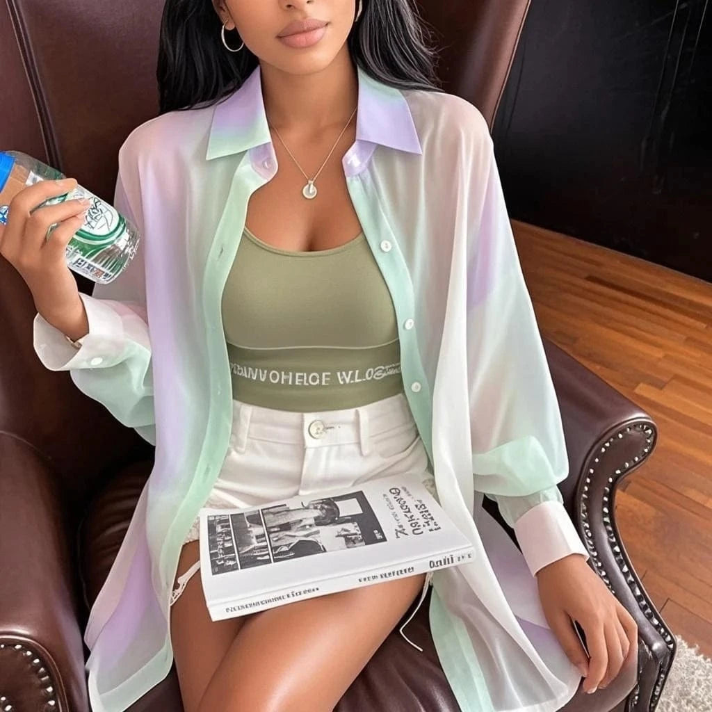 Green / M See-through Irregular Gradient Rainbow Long Sleeved Shirt And Blouses Thin For Women Clothes Loose Top Pink Casual Fashion Trend