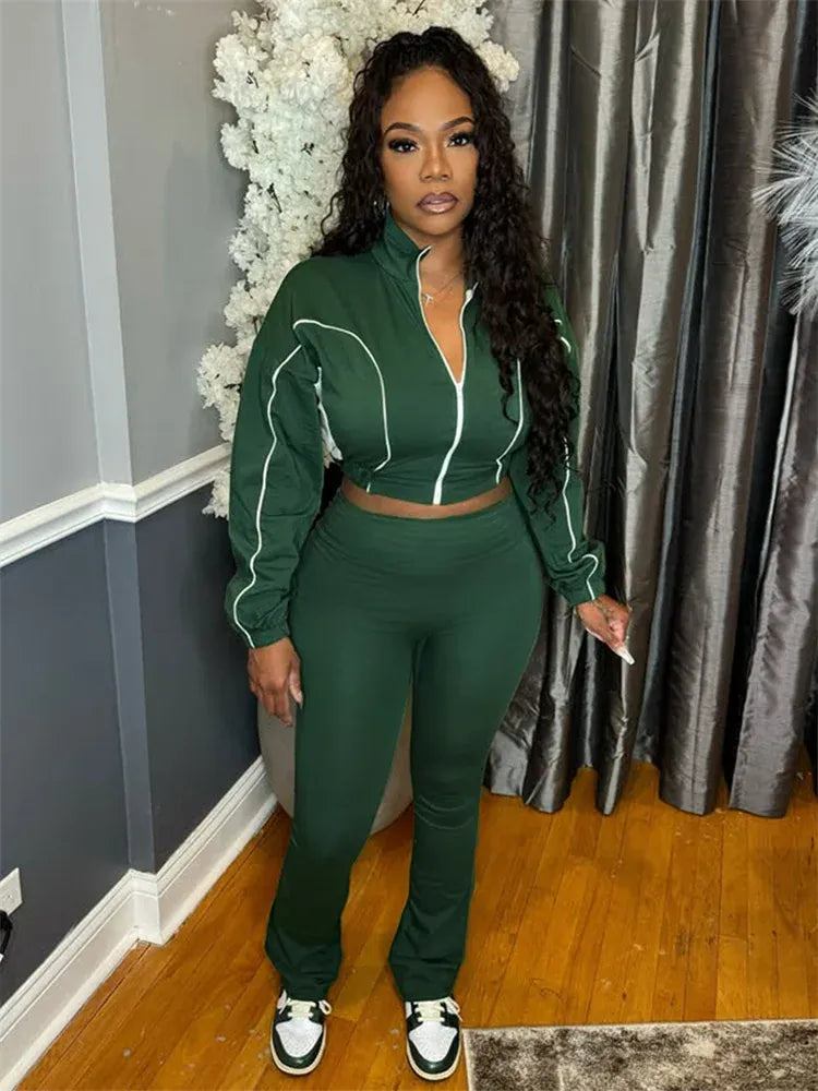 green / M Weird Puss Casual 2 Piece Set Women Tracksuit Patchwork Full Sleeve Zip Elastic Hem Crop Jacket+Flared Pants Sporty Streetwear