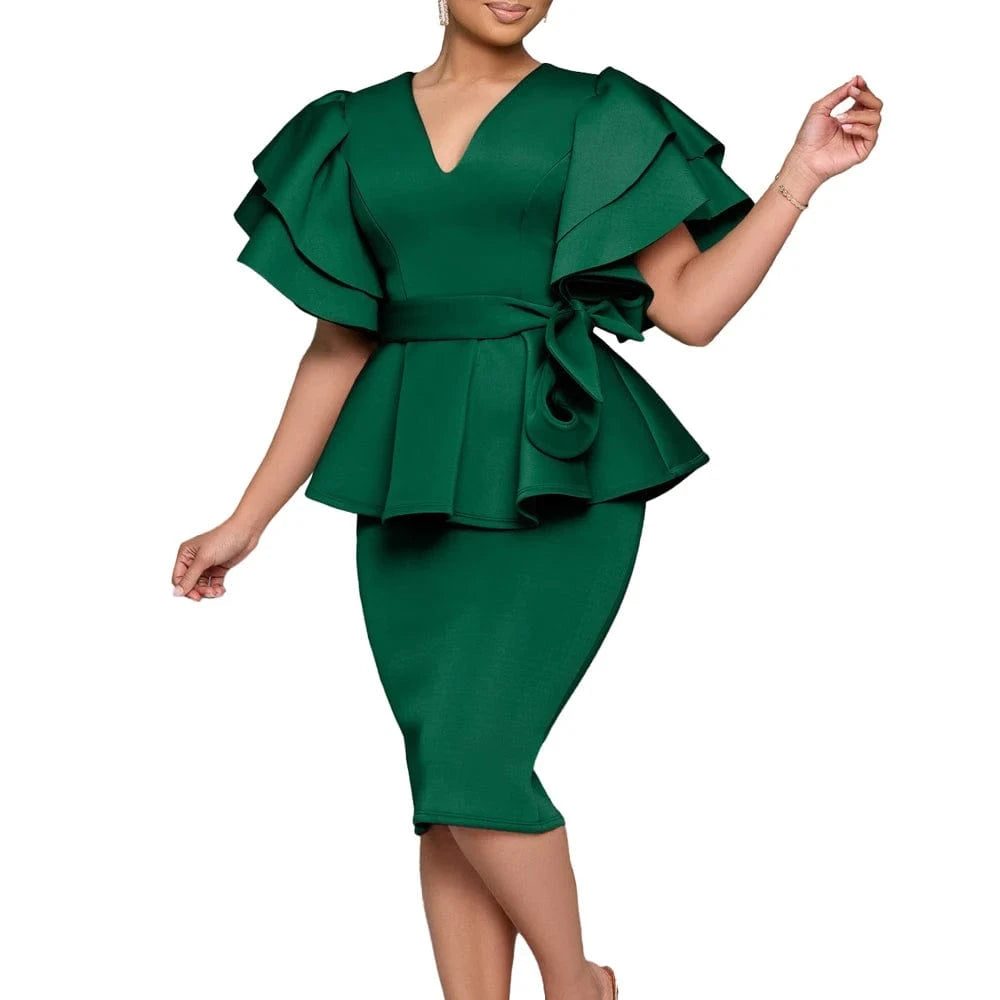 Green / M Women Short Sleeve V-Neck Ruffle Sleeve Peplum Bodycon Midi Dress 2025 Latest Fashion Summer African OL Work Evening Party Dress