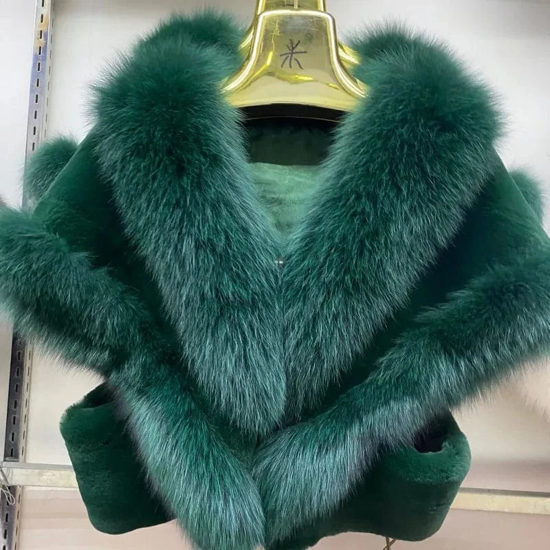 Green MWfur Fur Coat Short Women Fashion Luxury Fox Fur Trimmed Rex Rabbit Cape for Women