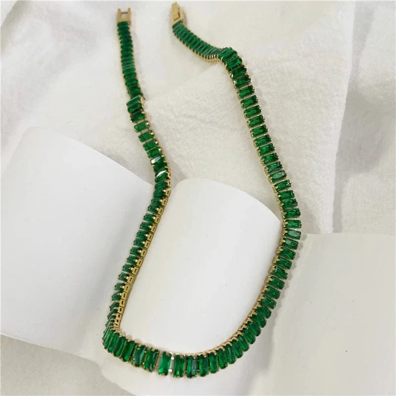 Green necklace 41cm Luxury Non Tarnish & Waterproof Shiny Baguette Tennis 18K Gold Plated Statement Zirconia Stainless Steel crystal Jewelry