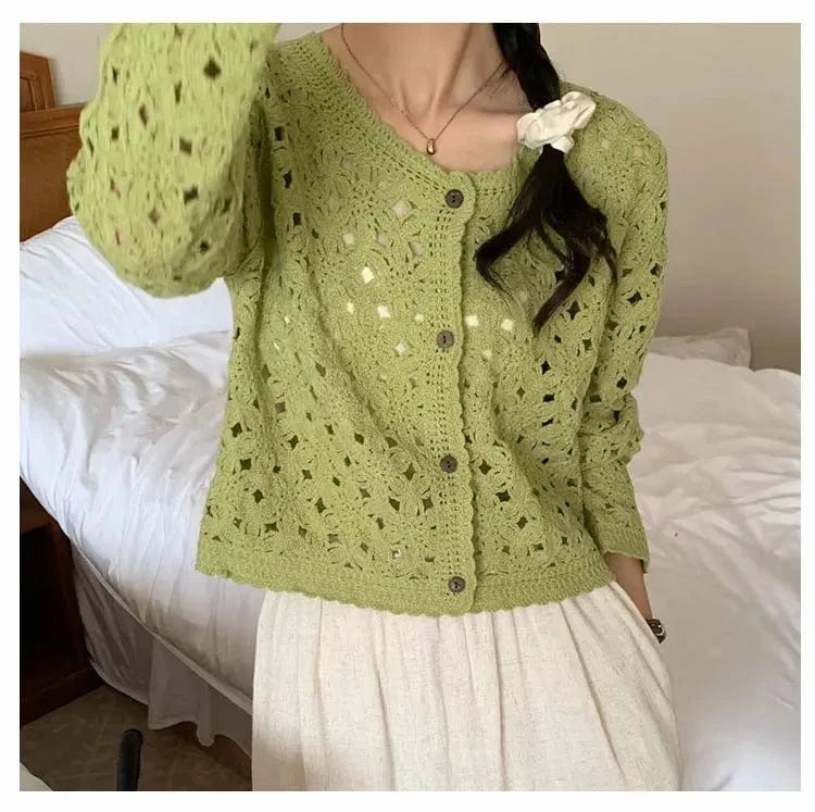 green / One Size Long Sleeve Crochet Top for Women Sheer Button Up Hollow Out Openwork Knit Cardigan Jacket Spring Summer Boho Vacation Outfit