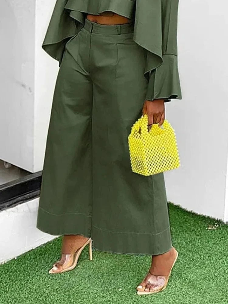 Green Pants / S Beautyblue Women's Wide Leg Pants Female Leisure Trousers Fashion Loose Pocket Solid Color Elastic Waist Elegant Office Pants