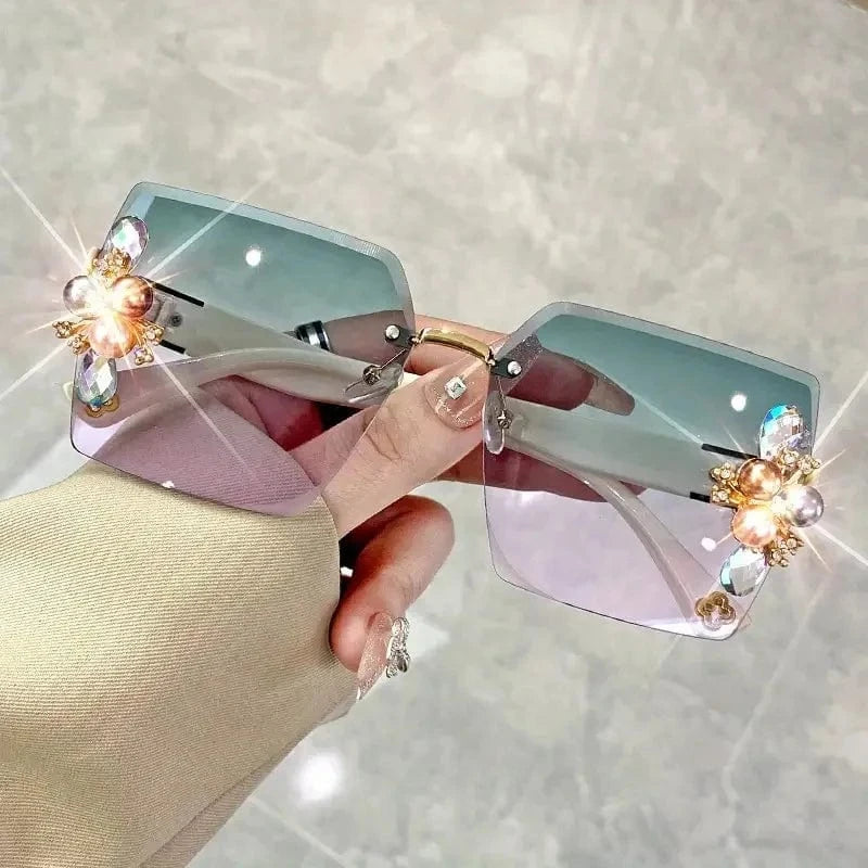 Green pink Rhinestone Decor Fashion Fashion Glasses For Women Men Casual Gradient Rimless Glasses For Summer Beach Rave Party