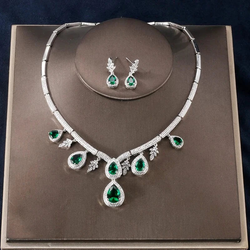 Green RAKOL SP227 Wedding Bridal Fuchsia Rose Big Drop Zircon Pendant Necklace Earrings Jewelry Set
