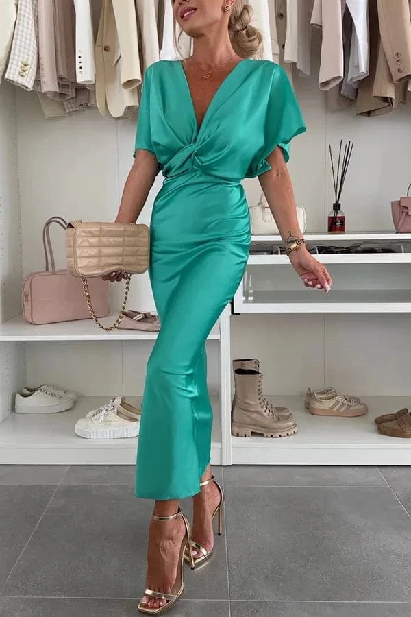 green / S 2025 Womens Satin Dresses Summer Khaki Black Blue Dress Woman V-Neck Bat Sleeve Vestidos Elegant Luxury Dresses
