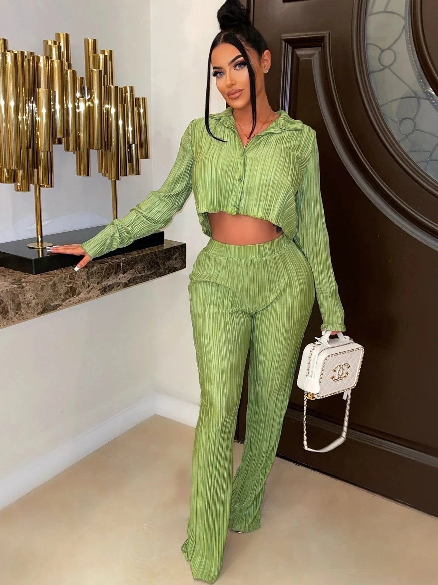 green / S CM.YAYA Street Pleated Women's Set Long Sleeve Mini Blouse Shirt and Straight Pants Suit 2023 Two 2 Piece Set Outfits Tracksuit