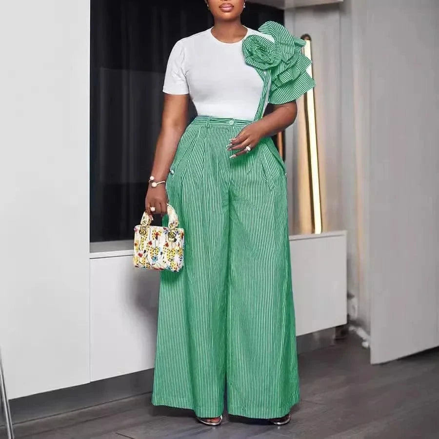 green / S CM.YAYA Street Women's Set Short Sleeve T-shirt and Striped Floral Splicing Romper Wide Leg Pants Elegant Two 2-Piece Set Outfit