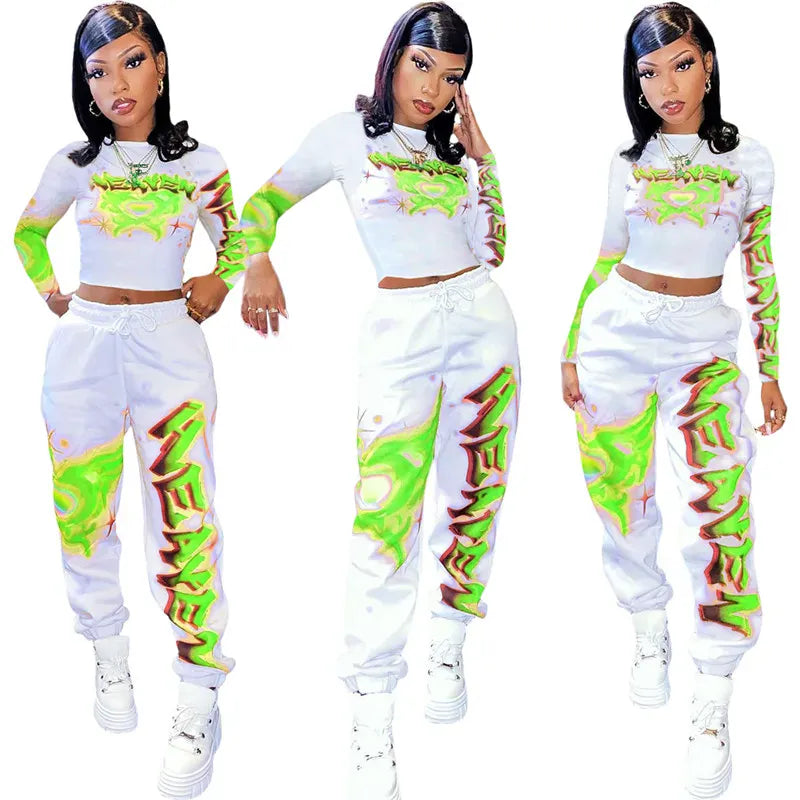 green / S High Quality 2 Piece Outfit for Women Set Casual Sweat Suit Crop Sweatpant Joggers Tracksuit Fall Clothes Wholesale Dropshpping