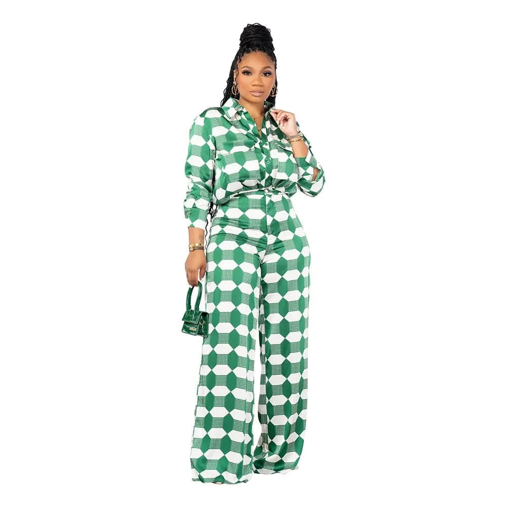 green / S Two Pieces Shirt Sets Women Casual Matching Suits Geometric Print Loose Long Sleeves Wide Leg Pants Elegant Office Lady Autumn