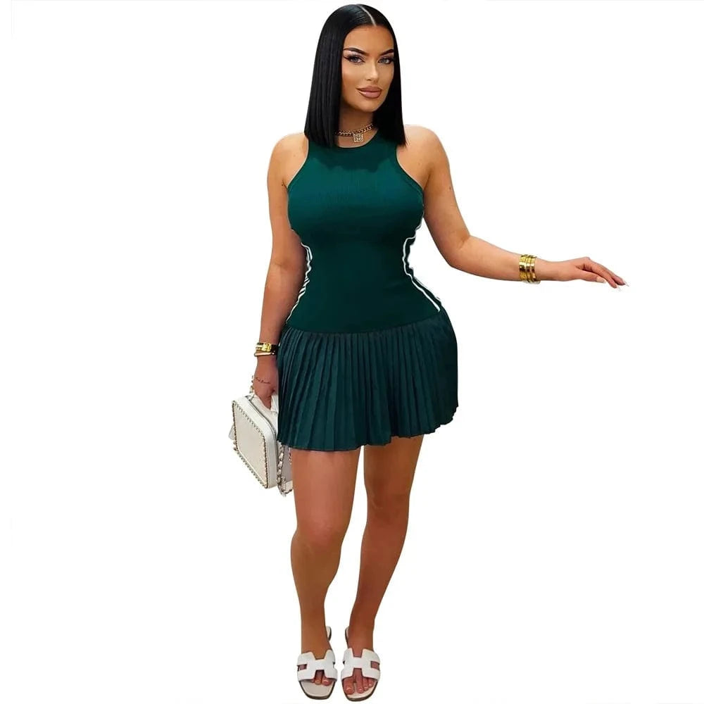 Green / S Women's Sleeveless Side Striped Stretch Pleated Mini Dress for 2025 Summer Sexy Casual Short Dresses Sports Streetwear Clothing