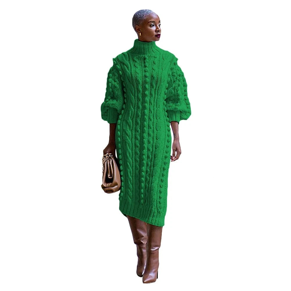 Green / S Womens Knitted Dresses High Neck Long Sleeve Sweater Dress with Split Ladies Vintage Knit Midi Dress Casual Fashion Winter