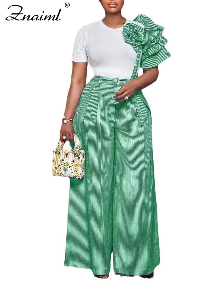 green sets / S Znaiml Fashion Stripe Print 3D Flower Ruffles Sleeve Shirts Top and Wide Leg Pants Two 2 Piece Women‘s Sets Streetwear Outfits