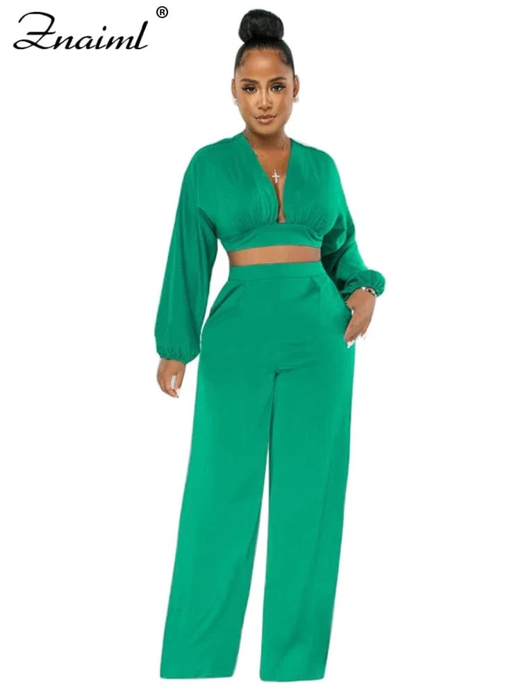 green sets / XL Znaiml Casual Green Two 2 Pieces Wide Leg Pants Sets Women‘s Long Sleeve Deep V-neck Crop Tops and Trousers Birthday Club Outfit